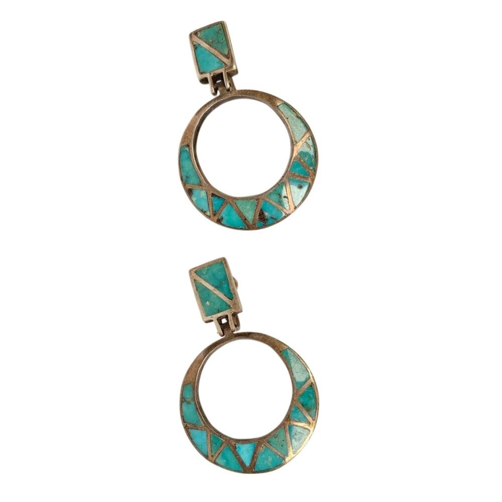 Vintage Zuni Sterling Silver Channel Inlay Turquoise Drop Earrings